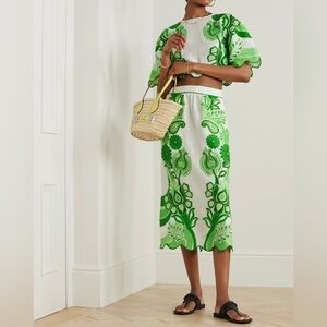 FARM RIO Scalloped printed linen midi skirt